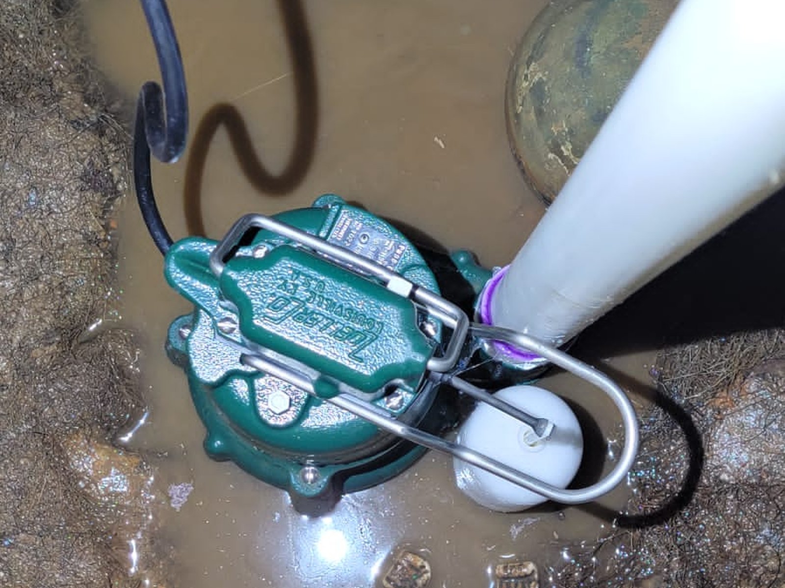 Zoeller submersible sump pump failure in flooded Staten Island basement pit showing float switch and debris